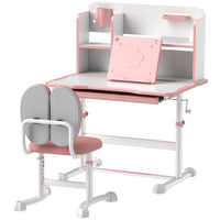 Qaba Kids Desk And Chair Set, Height Adjustable Kids School Study Desk And Chair Set With Tilt Desktop, Storage Drawer And Reading Rack For Writing, Reading And Drawing, Pink Pink Mdf