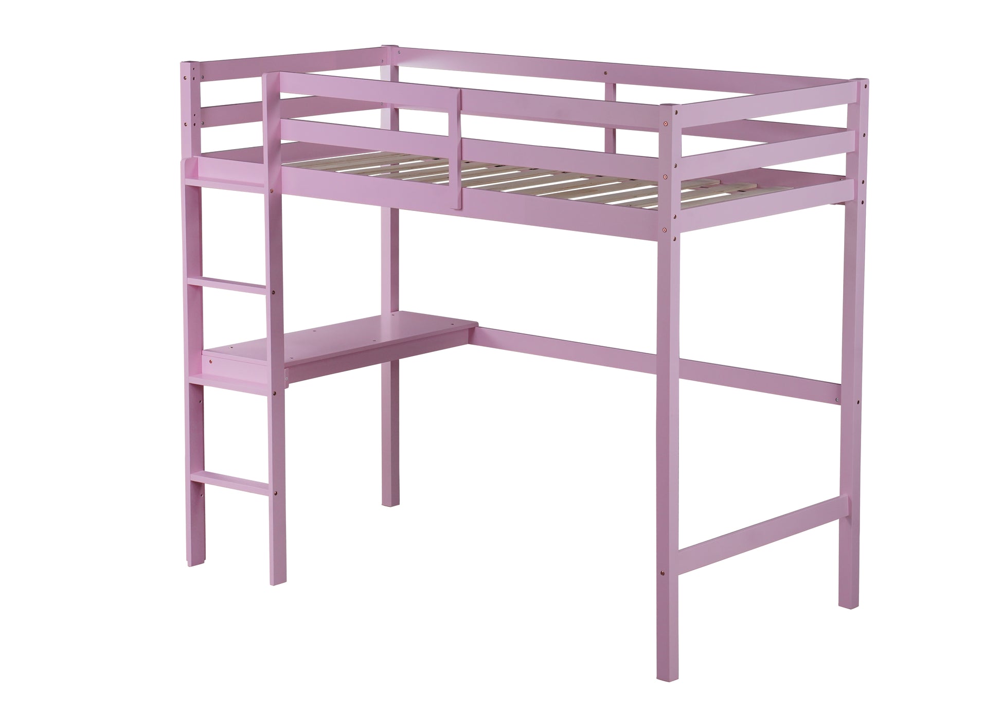 Twin High Loft Bed, Rubber Wood Loft Bed With Safety Guardrail, Built In Desk, Ladder,Pink Twin Pink Abs Rubber Steel Q235 ,Rubber Wood