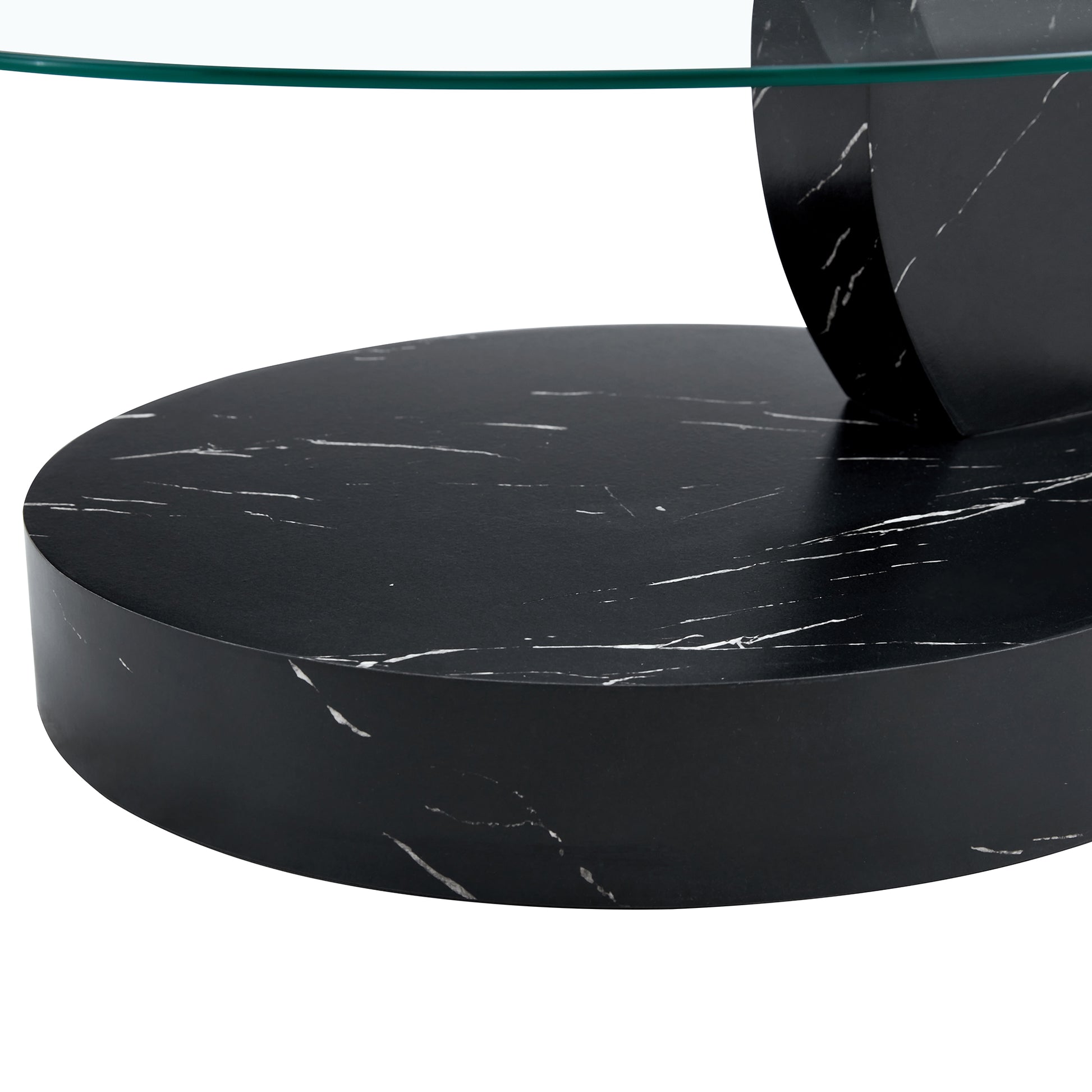 Modern And Practical Double Deck Round Table. Double Storage Space, Made Of Glass Tabletop And Mdf Table Legs. Suitable For Living Room And Bedroom And Dining Room. Black Mdf Glass