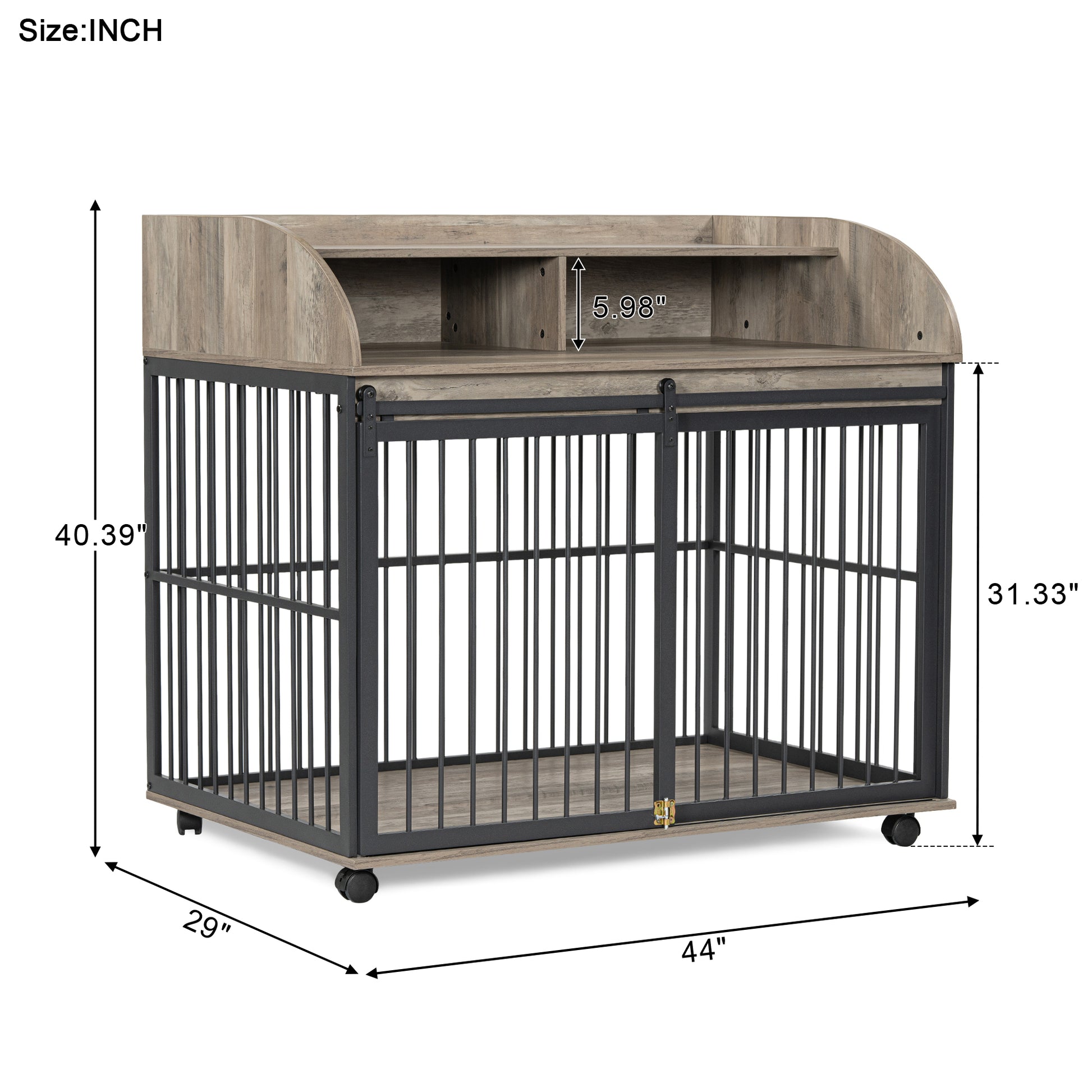 44'' Heavy Duty Large Dog Crate Furniture For Large Medium Dog With Lockable Wheels, Wooden Dog Crate Dog Kennel, End Table Crate With Double Layer Storage, Gray Gray Dog Engineered Wood