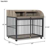 44'' Heavy Duty Large Dog Crate Furniture For Large Medium Dog With Lockable Wheels, Wooden Dog Crate Dog Kennel, End Table Crate With Double Layer Storage, Gray Gray Dog Engineered Wood