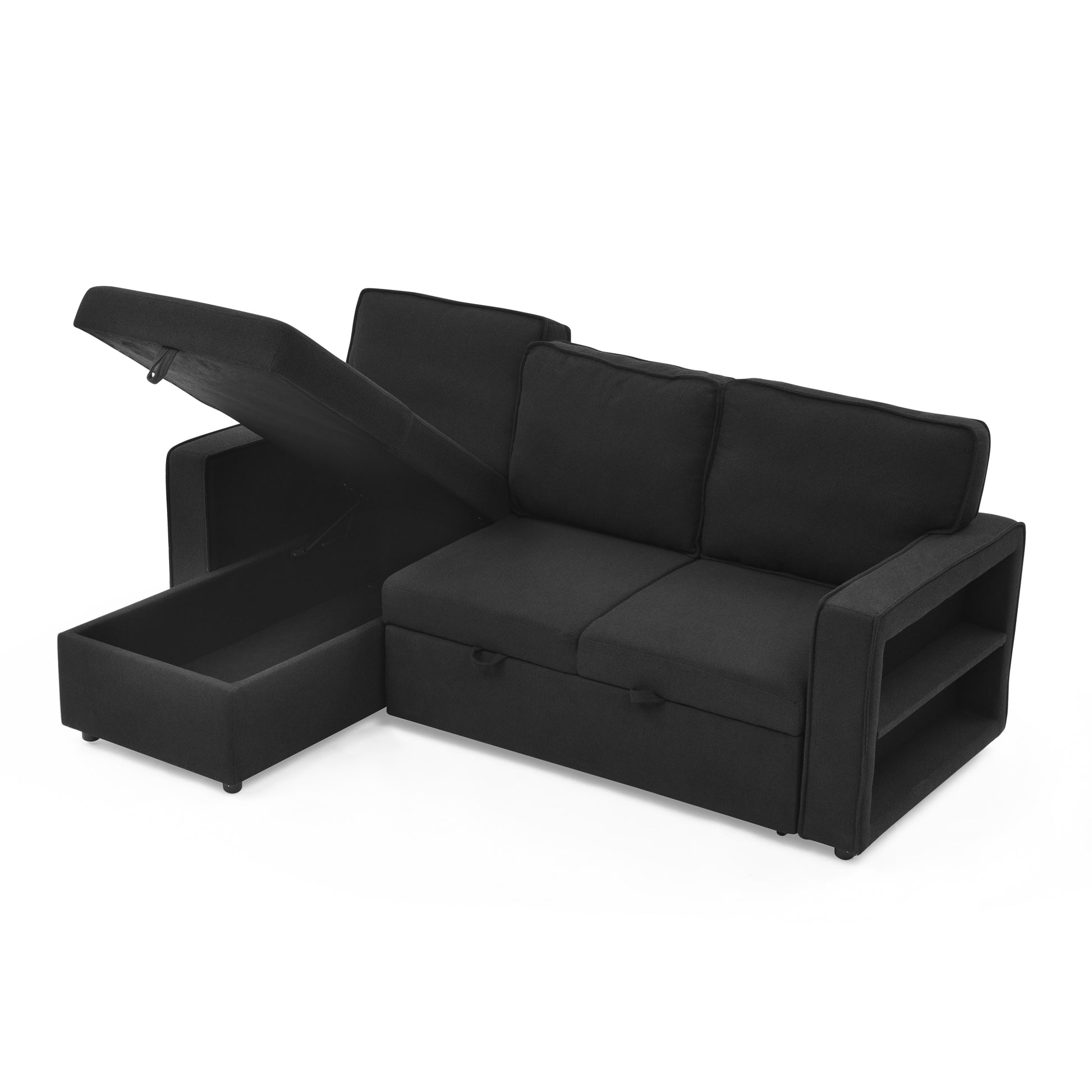 Linen Upholstered Sleeper Sectional Sofa, Shaped Modular Convertible Sofa With Storage Chaise,There Are Two Cup Holders In The Middle And Usb Multi Interface Function,Pull Out Sleep Couch Bed ,Black