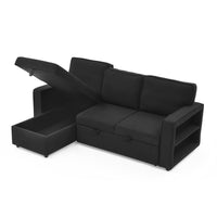 Linen Upholstered Sleeper Sectional Sofa, Shaped Modular Convertible Sofa With Storage Chaise,There Are Two Cup Holders In The Middle And Usb Multi Interface Function,Pull Out Sleep Couch Bed ,Black