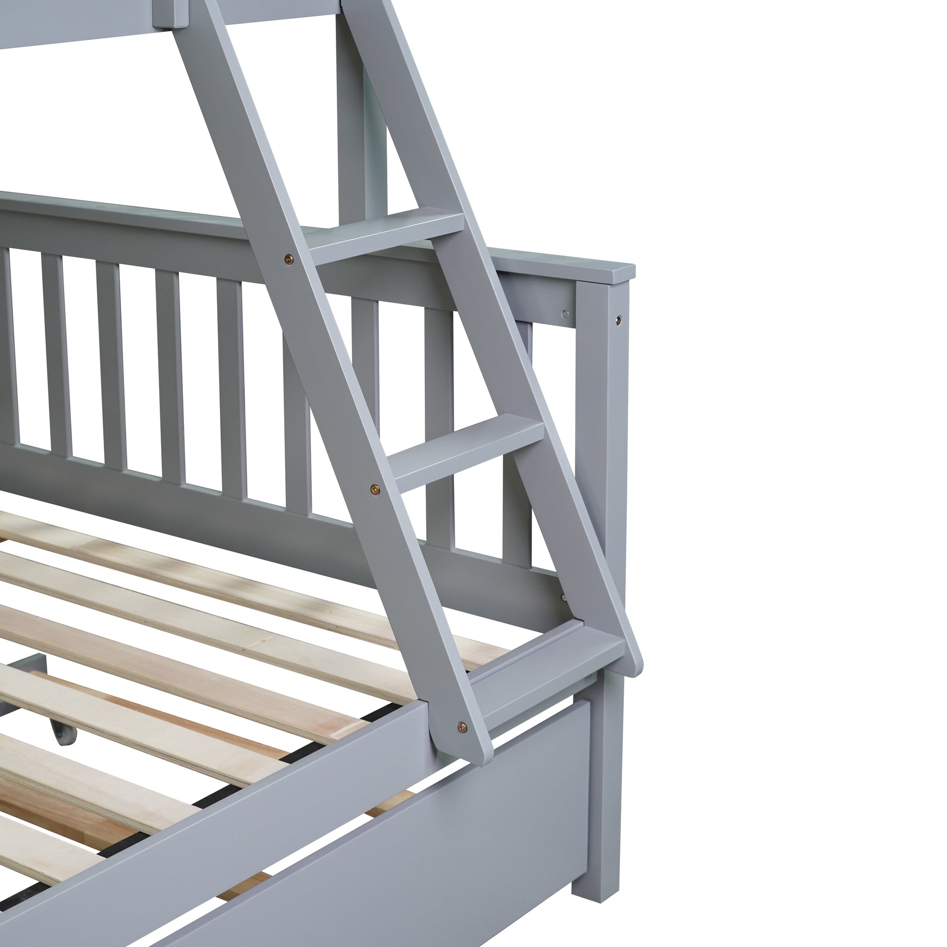 Twin Over Full Rubber Wood Bunk Bed With Trundle, Convertible Ladder And Guardrail, Detachable, Convertible Bed, With Twin Size Trundle ,Grey Twin Grey Rubber Wood