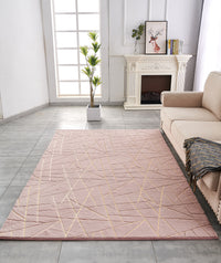 Luxury Machine Washable Dust Pink Geometric Abstract Gold Gilded Chinchilla Faux Fur Area Rug Dusty Rose Polyester