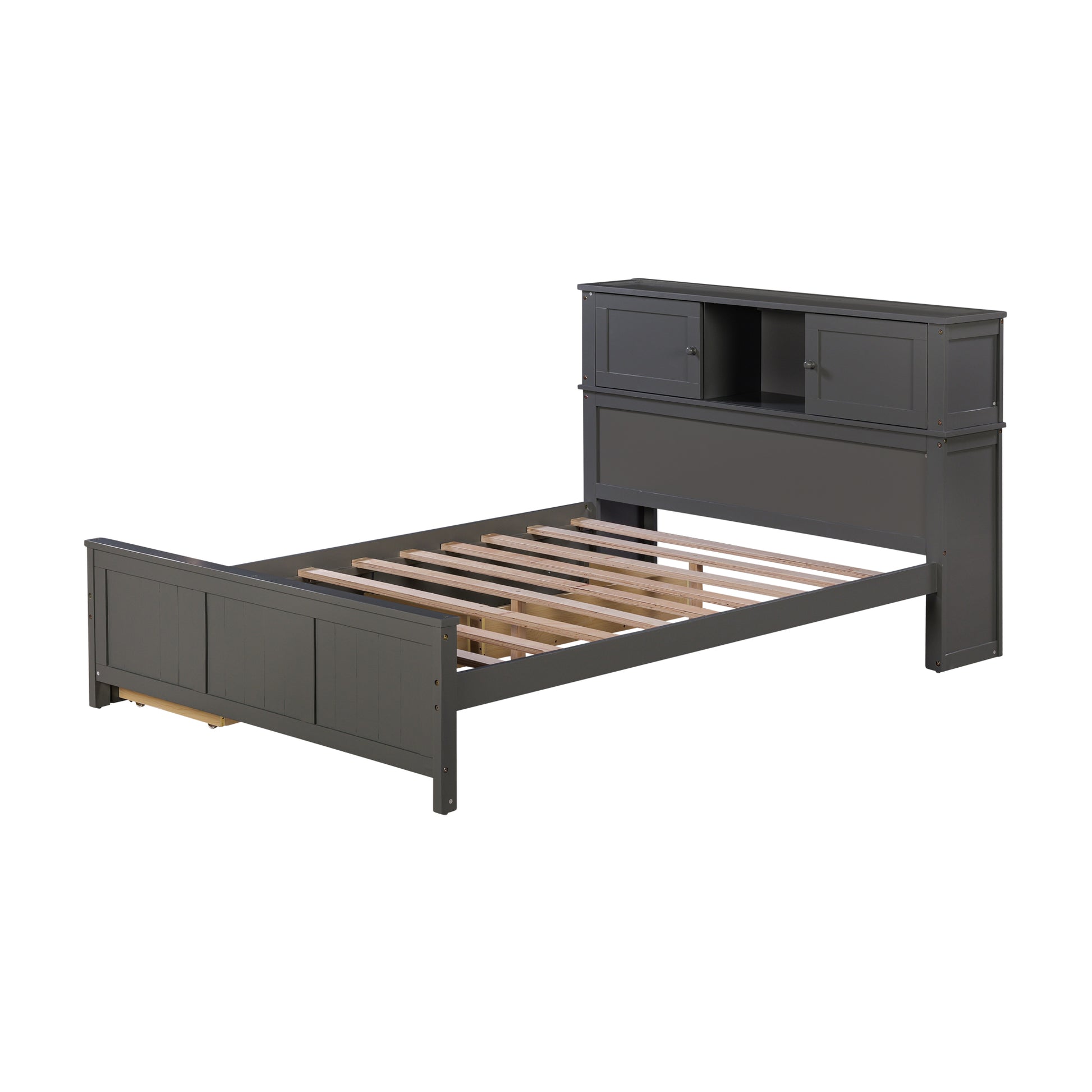 Full Size Platform Bed With Storage Headboard And Sliding Door,2 Drawers, Gray Full Gray Solid Wood Mdf