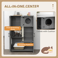 Pawhut Luxury Cat House With Wheels, Kitty Cage Catio Villa For Indoor Cats With Scratching Posts, Condo, Flap Door, Cushion, Gray, 31.5" X 20" X 48.5" Gray Particle Board