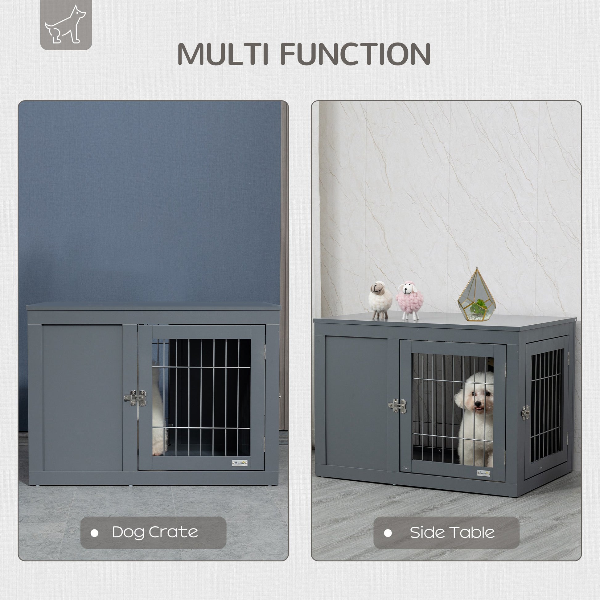 Pawhut Dog Crate Furniture Wire Indoor Pet Kennel Cage, End Table With Double Doors, Locks For Small And Medium Dog House, Grey Grey Steel