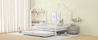 Full Size Metal House Bed With Fence, With Trundle, White Full White Metal