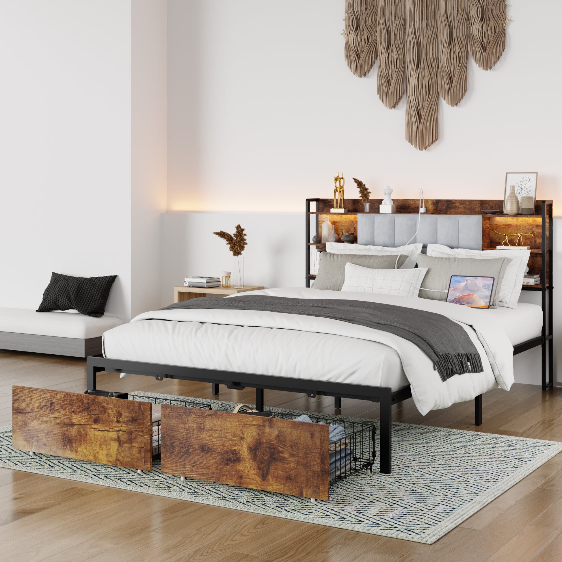 Queen Size Bed Frame With 2 Storage Drawers And Led Lights Headboard, Upholstered King Bed Frame With Charging Station, No Box Spring Needed, Easy Assembly Box Spring Not Required Queen Dark Brown