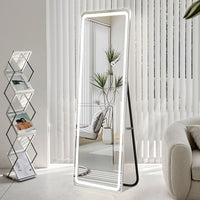 Floor Mirror With Led Light, 63" X 20" Full Length Mirror With Stand, Hanging Mirror Wall Mounted Mirror With Dimming & 3 Color Lighting, Full Body Mirror For Living Room Bedroom Cloakroom, White White Glass Metal