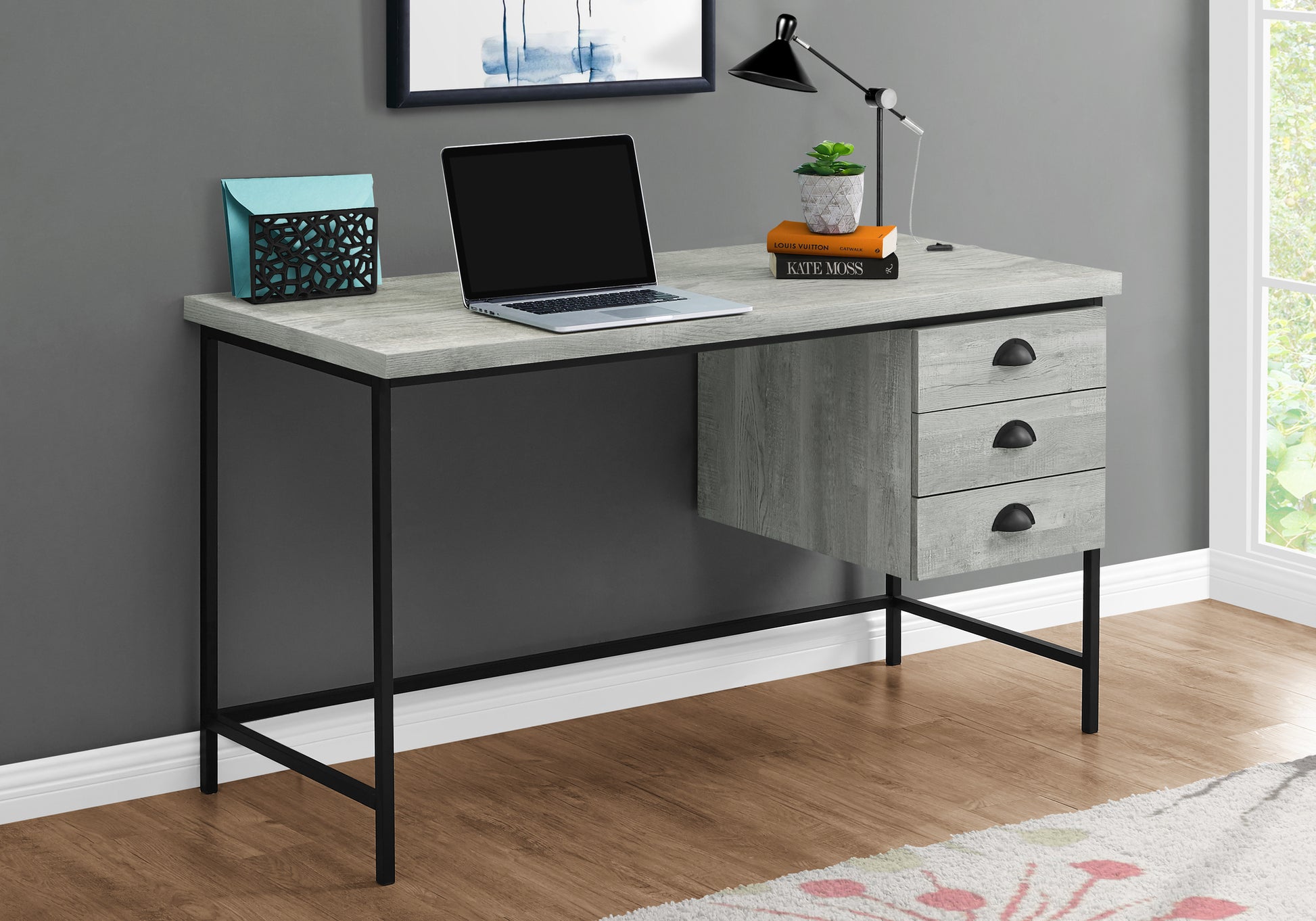 Computer Desk, Home Office, Laptop, Storage Drawers, 55"L, Work, Grey Laminate, Black Metal, Contemporary, Modern Grey Particle Board