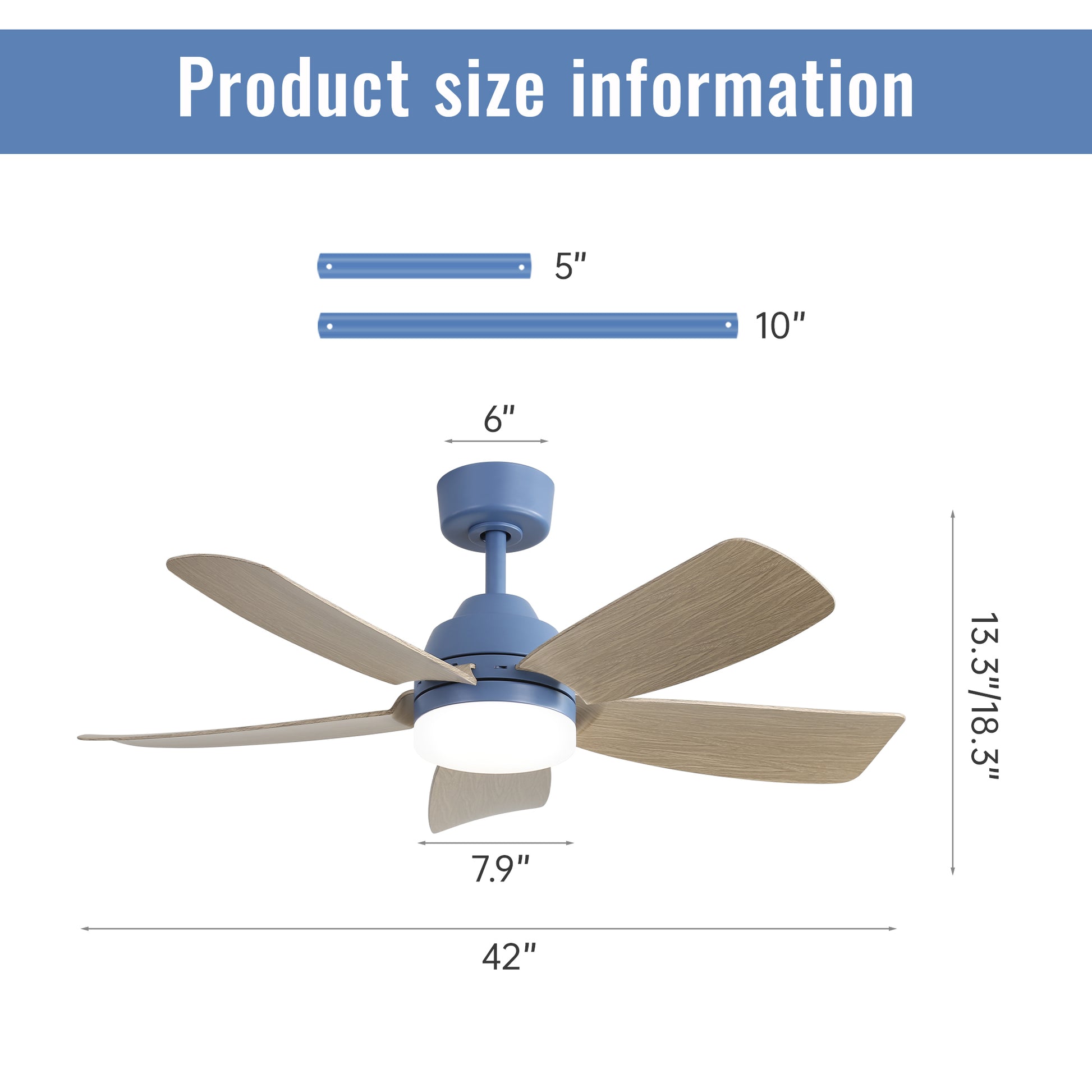 42 Inch Ceiling Fans With Led Light 22W And Remote Control 5 Abs Fan Blades For Bedroom, Living Room, Dining Room, Office Dark Blue Abs