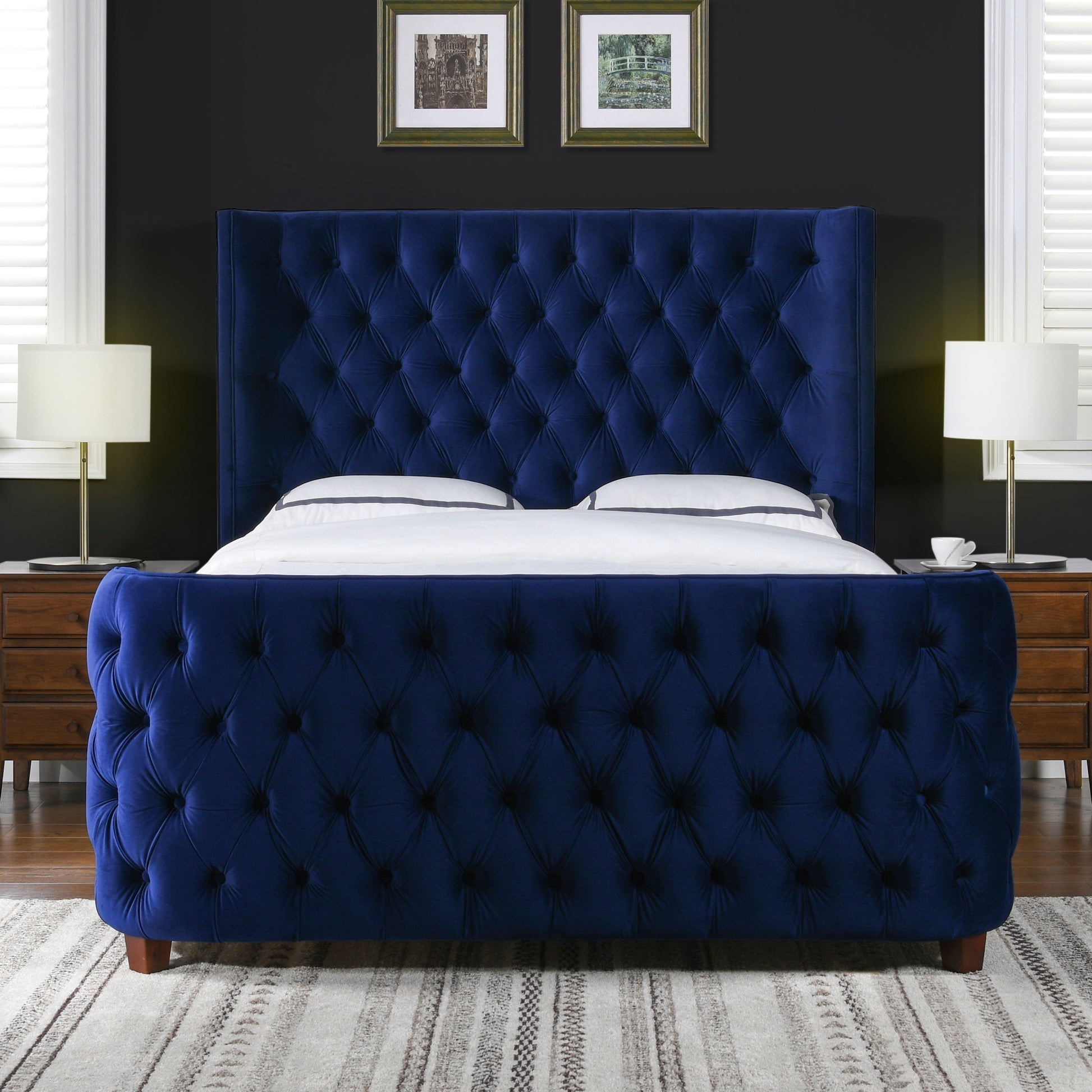 Brooklyn King Tufted Panel Bed Headboard And Footboard Set, Navy Blue Velvet Box Spring Required King Navy Blue Wood Foam Velvet Velvet