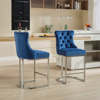 25" Counter Height Bar Stools Set Of 2, Modern Velvet Barstools With Button Back&Rivet Trim Upholstered Kitchen Island Chairs With Sturdy Chromed Metal Base Legs Farmhouse Bar Stools, Blue,2 Pack