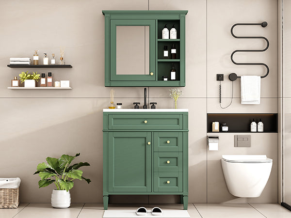 30'' Bathroom Vanity With Top Sink, Modern Bathroom Storage Cabinet With 2 Drawers And A Tip Out Drawer, Freestanding Vanity Set With Mirror Cabinet, Single Sink Bathroom Vanity 3 Green 2 4 Adjustable Hinges Bathroom Freestanding Solid Wood Mdf Resin