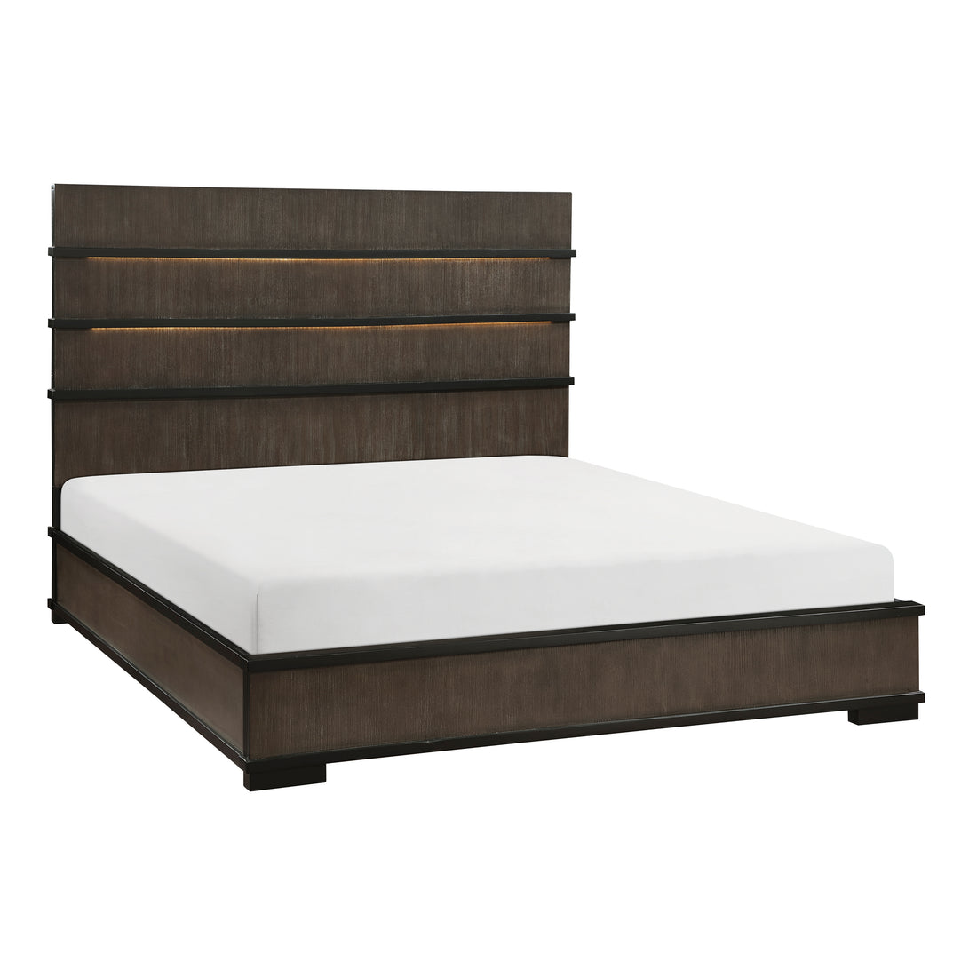 Two Tone Brown Black Finish Led Headboard Queen Bed 1Pc Modern Industrial Design Bedroom Furniture Box Spring Required Queen Black,Brown Gray Wood Bedroom Bed Frame Wood