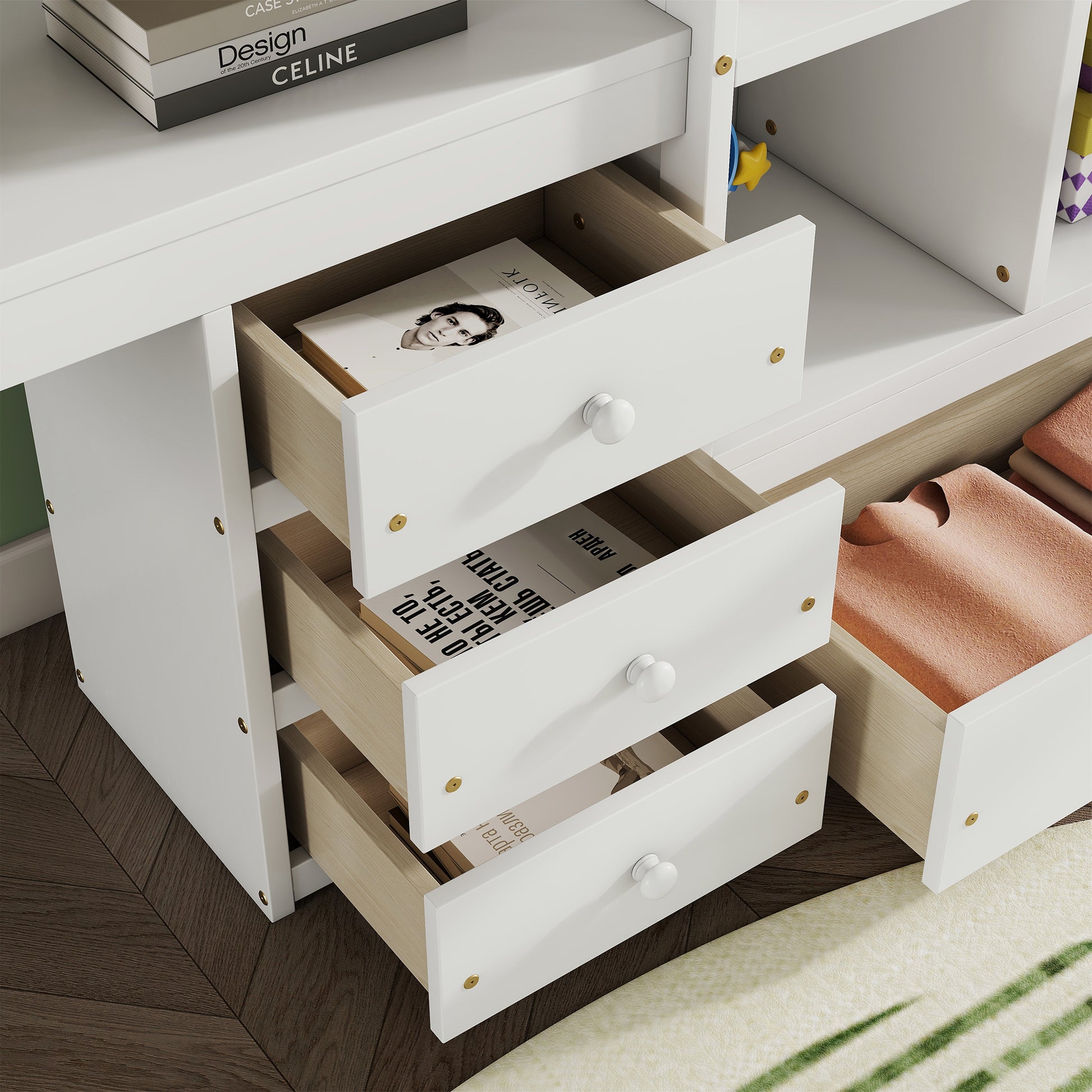 Full Size Loft Wood Bed With Desk, Storage Shelves And Drawers, Built In Ladder, High Loft Bed With Desk, Storage Shelves And Drawers,Guardrails,White Full White Pine