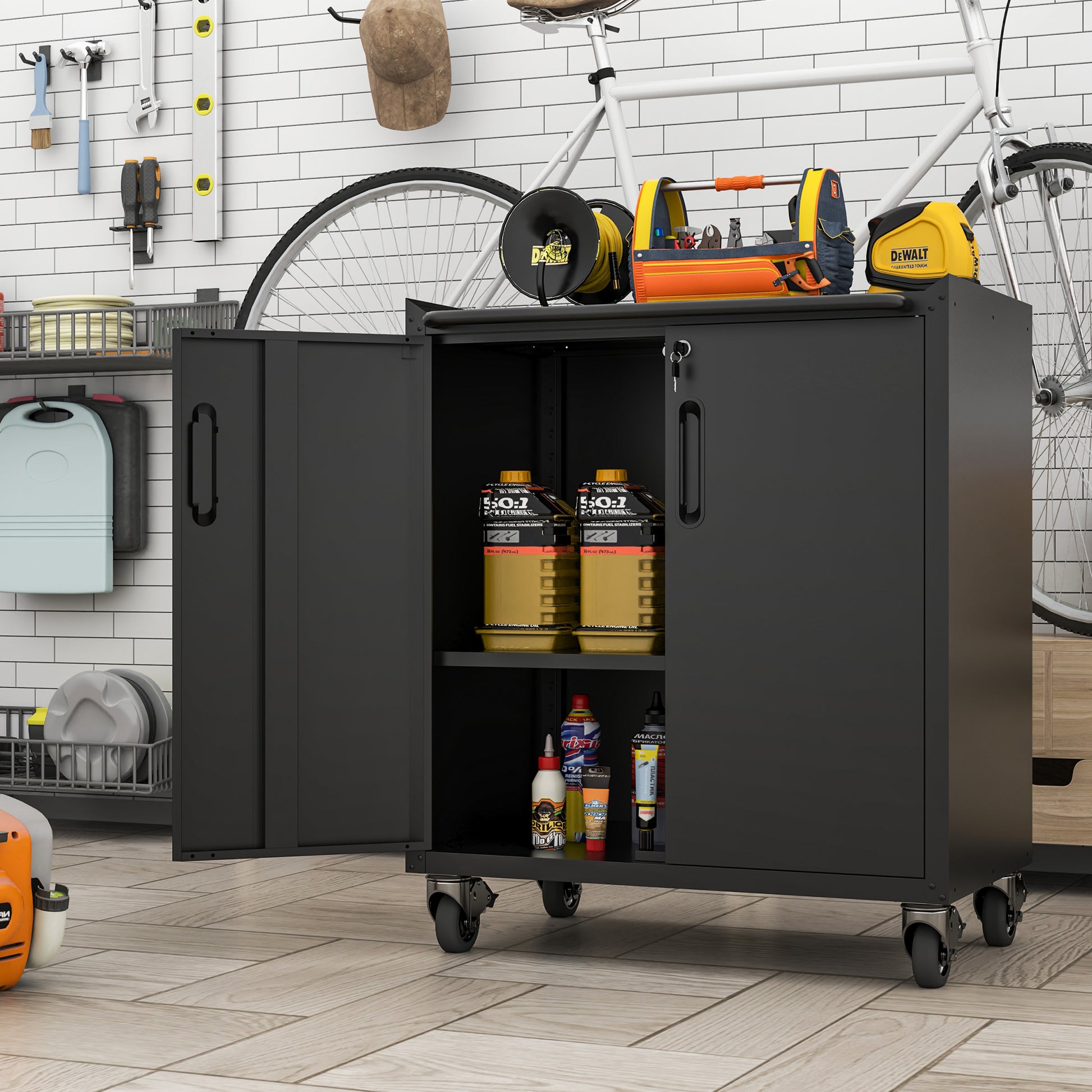 Heavy Duty Metal Garage Storage Cabinet With Wheels Sturdy And Durable Tool Storage Cabinet For Garage, Office, And Home Organizer Solutions Black Steel