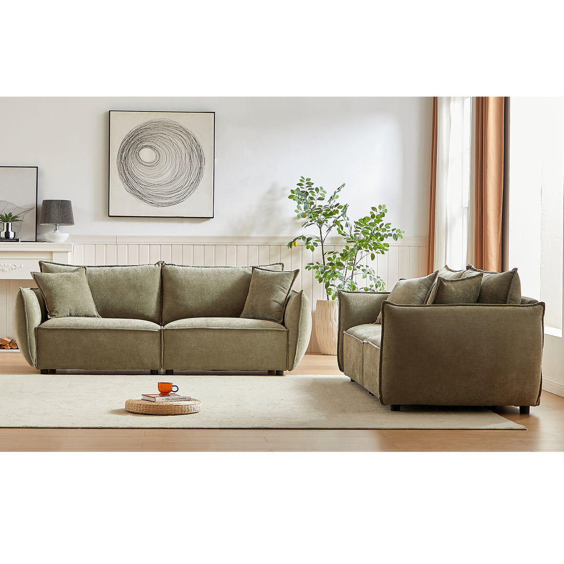 3 Seater 3 Seater Combo Sofa Modern Living Room Sofa, Linen Fabric Sofa, Wooden Frame With 4 Pillows, Apartment Sofa Furniture Light Green Chenille Wood Primary Living Space Pine Foam Fabric 6 Seat