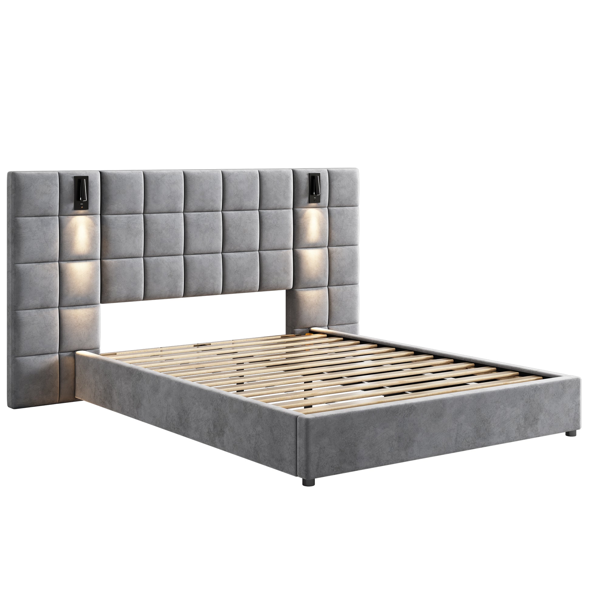 Upholstered Queen Bed,With Reading Lamp And Usb Port, Wide Headboard,Without Bedside Tables And Mattress, Velvet, Grey Queen Grey Wood Foam,Upholstered,Velvet