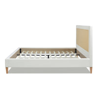 Haley Upholstered Cane Back Platform Bed, Queen, Antique White Polyester Box Spring Not Required Queen Antique White Wood Foam Polyester Polyester