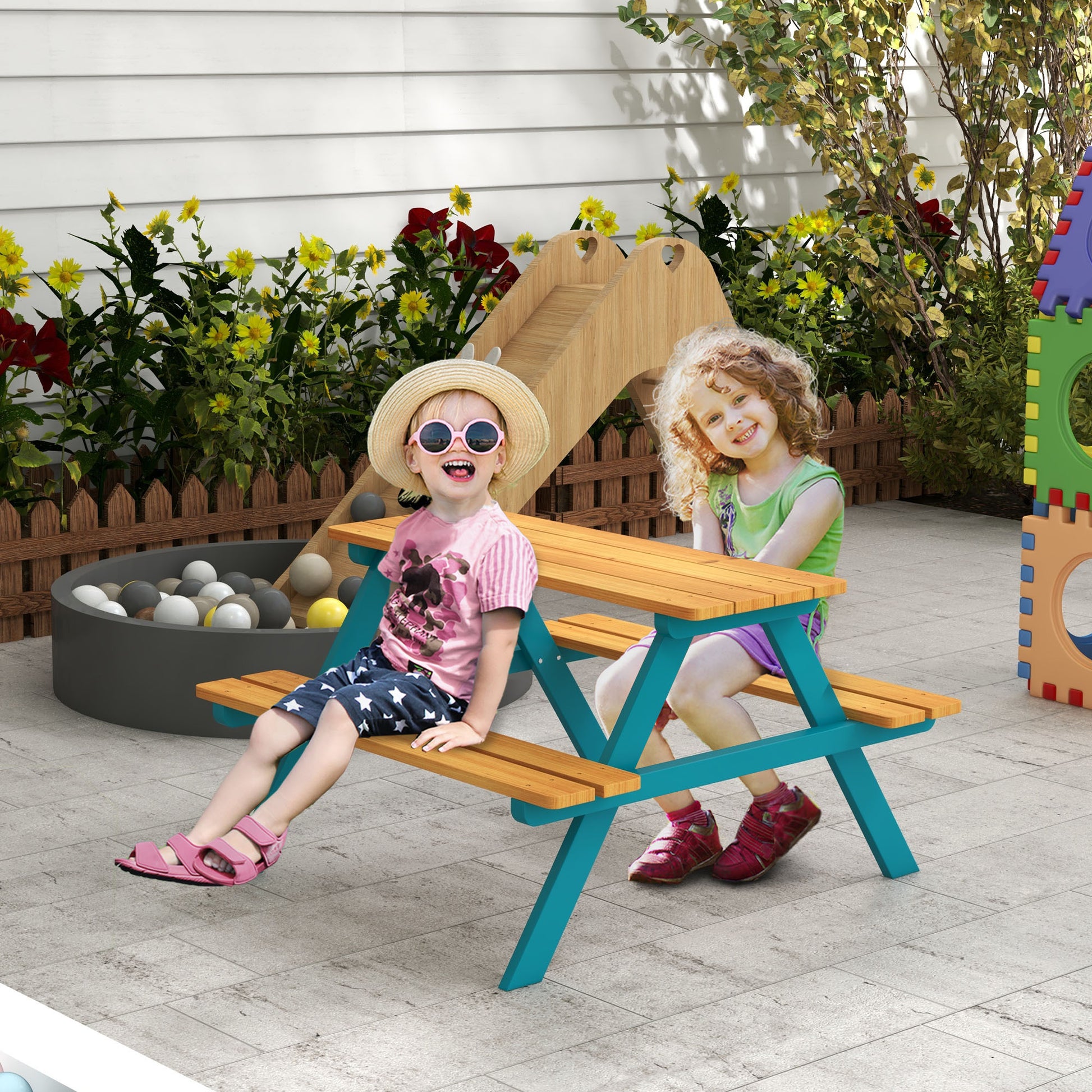 Outsunny Kids Picnic Table Set With Wooden Table, Outdoor Bench Set With Seating For 4 Kids Ages 3 8 Years Old For Patio Garden, Easy Installation, Outdoor Indoor Use, Natural Wood Natural Wood Wood