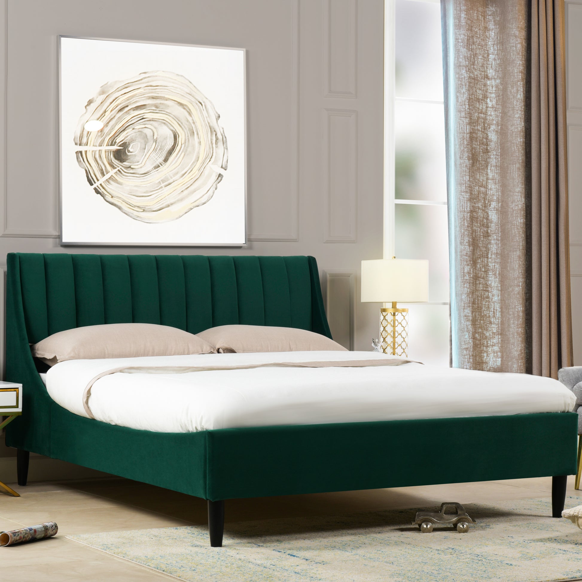 Aspen Vertical Tufted Modern Headboard Platform Bed Set, Queen, Evergreen Velvet Box Spring Not Required Queen Green Wood Foam Velvet Velvet