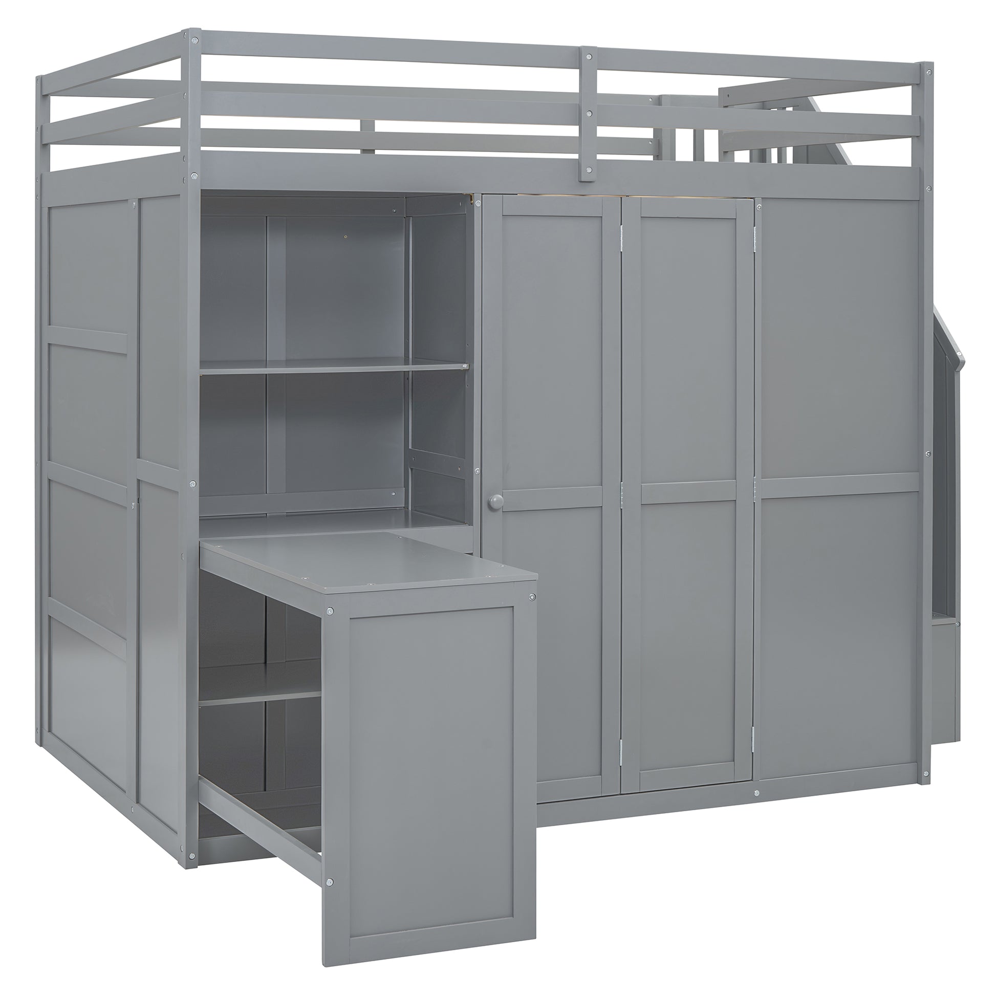 Full Size Bunk Bed With Wardrobe,Desk And Shelves,Grey Grey Mdf Lvl