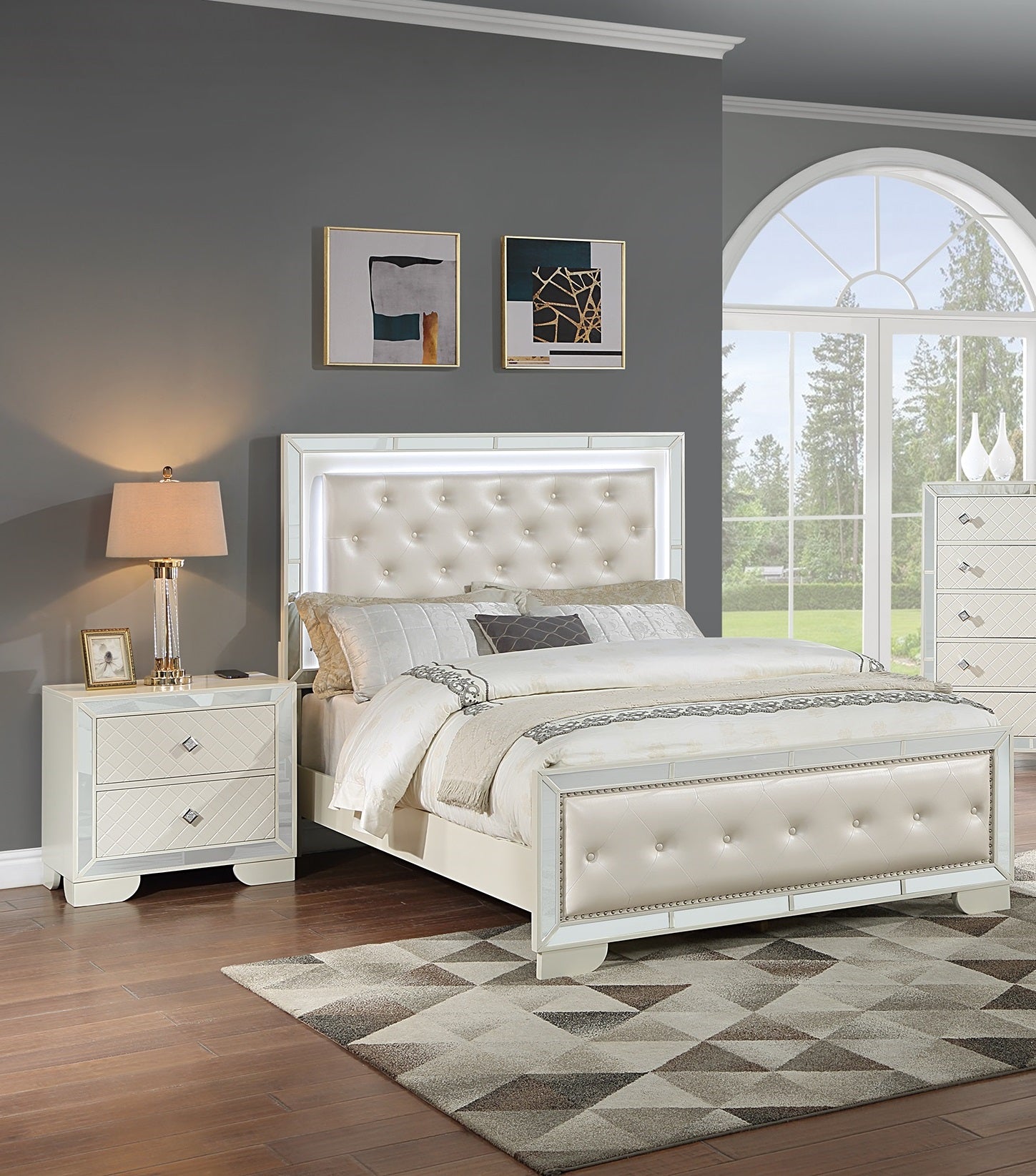 Cream Ivory Tufted Faux Leather Queen Size Bed W Led Lights Beautiful 1Pc Panel Bedframe Mirror Trim Box Spring Required Queen Cream,Ivory Wood Bedroom American