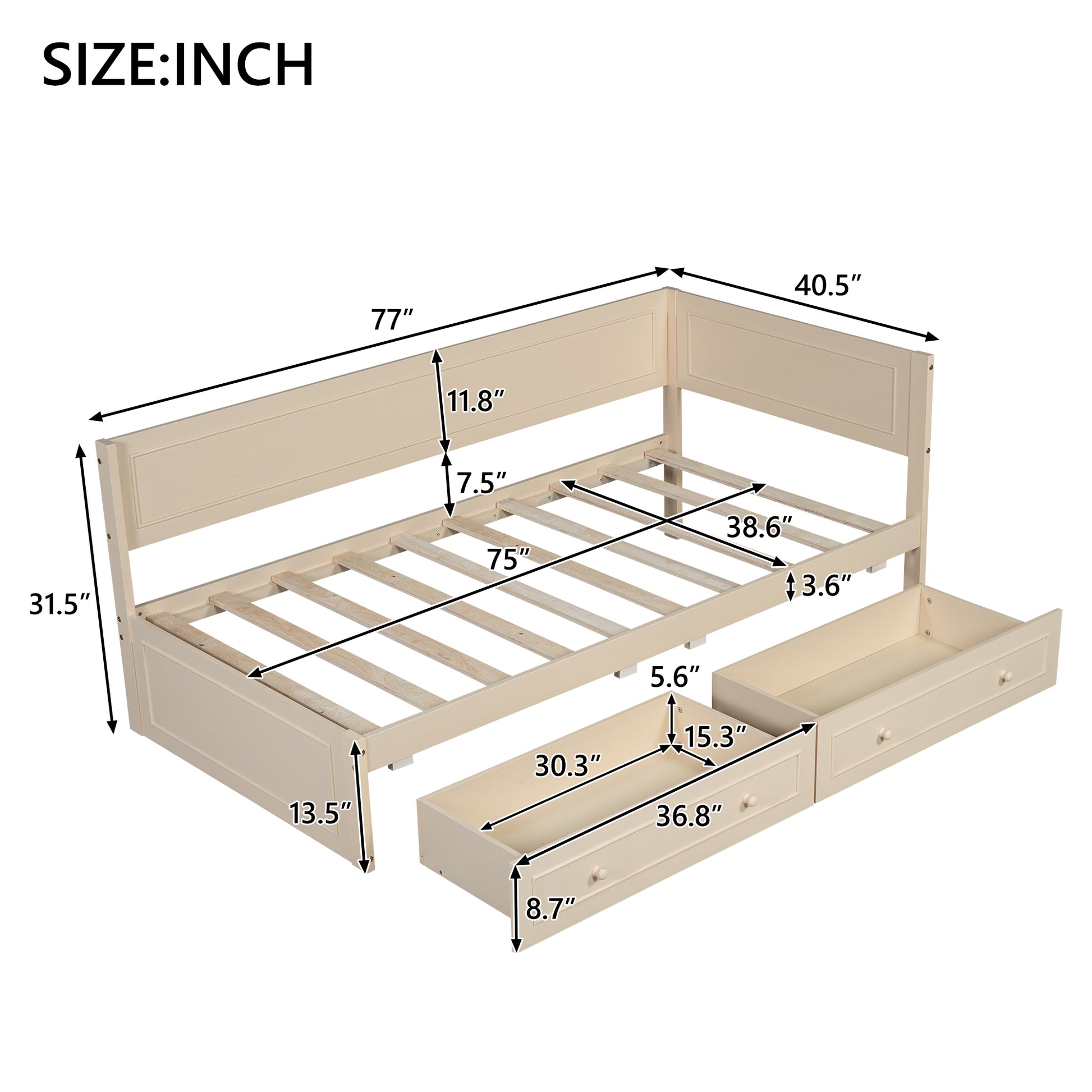 Twin Size Wood Daybed With 2 Drawers And Guardrail, Beige Beige Solid Wood Mdf