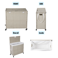 Laundry Hamper With Lid Pe Rattan Powder Coating Frame Clothes Hampers With 02 Removable Bags, Wheels, 160L, Grey Color Light Grey 1 Foldable Bathroom American Design,American Traditional Wicker