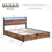 Lift Up Storage Bed Frame, Queen Size Bed Frame With Bookcase Headboard & Led Lights, Wooden Platform Bed Frame With Charging Station, No Spring Box Needed, Rustic Brown Box Spring Not Required