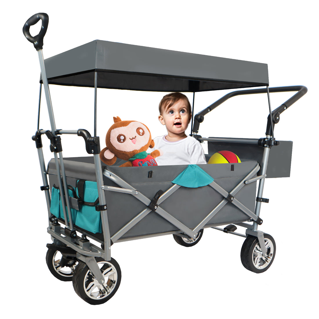 Push & Pull Utility Folding Wagon With Removable Canopy Gray Oxford Fabric Metal