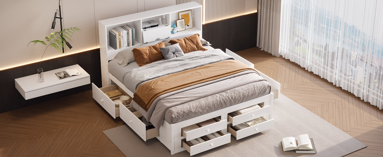 King Size Platform Bed With Storage Headboard And 8 Drawers, White Box Spring Not Required King White Wood Bedroom Bed Frame Solid Wood Mdf