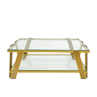 Modern Stainless Steel Coffee Table Set Set Of 3 , Double Layer Clear Tempered Glass Table Top, Coffee Table & Two End Side Table 3 Pieces Sets For Living Room Home Office, Gold Clear,Gold Modern