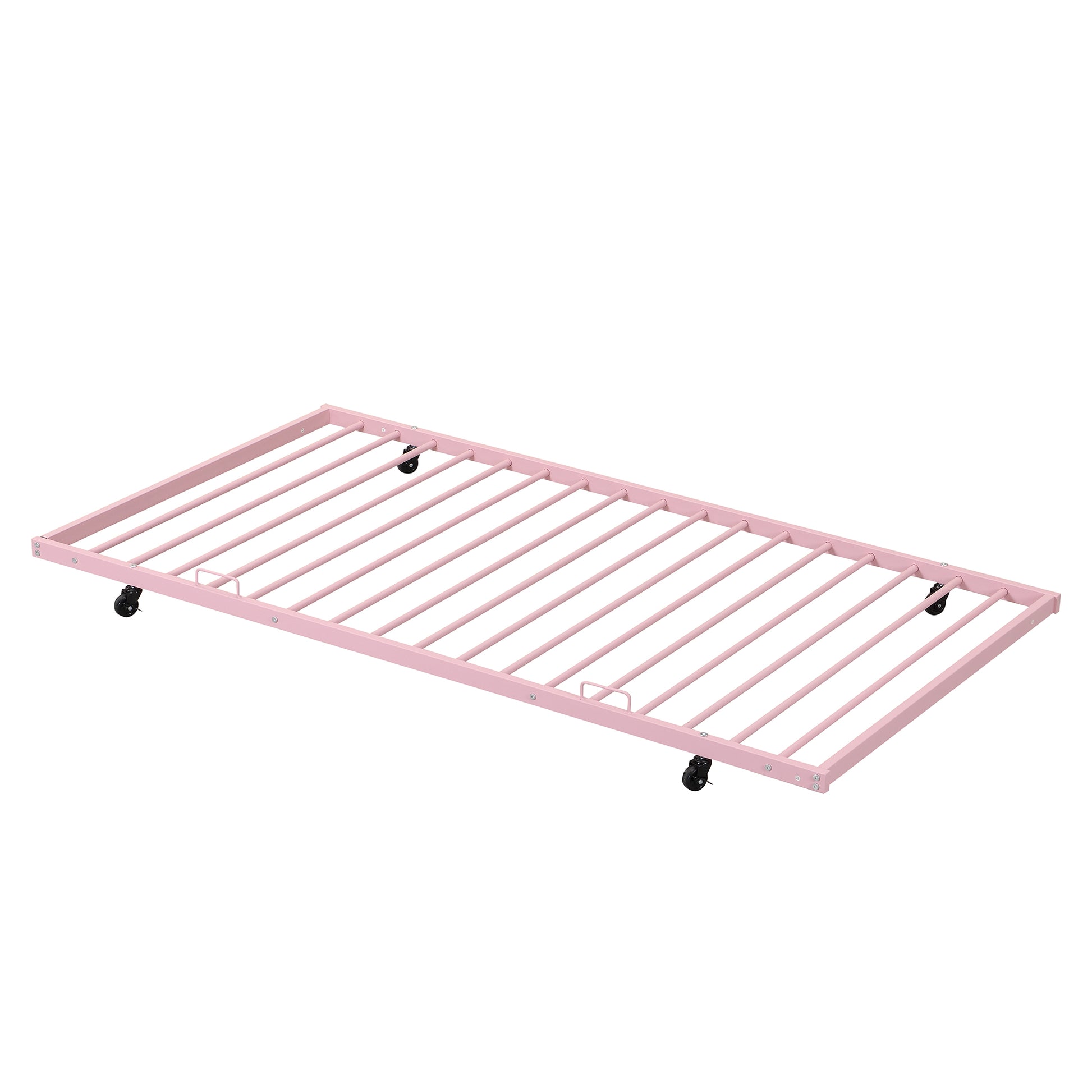 Full Size Metal House Bed With Fence, With Trundle, Pink Full Pink Metal