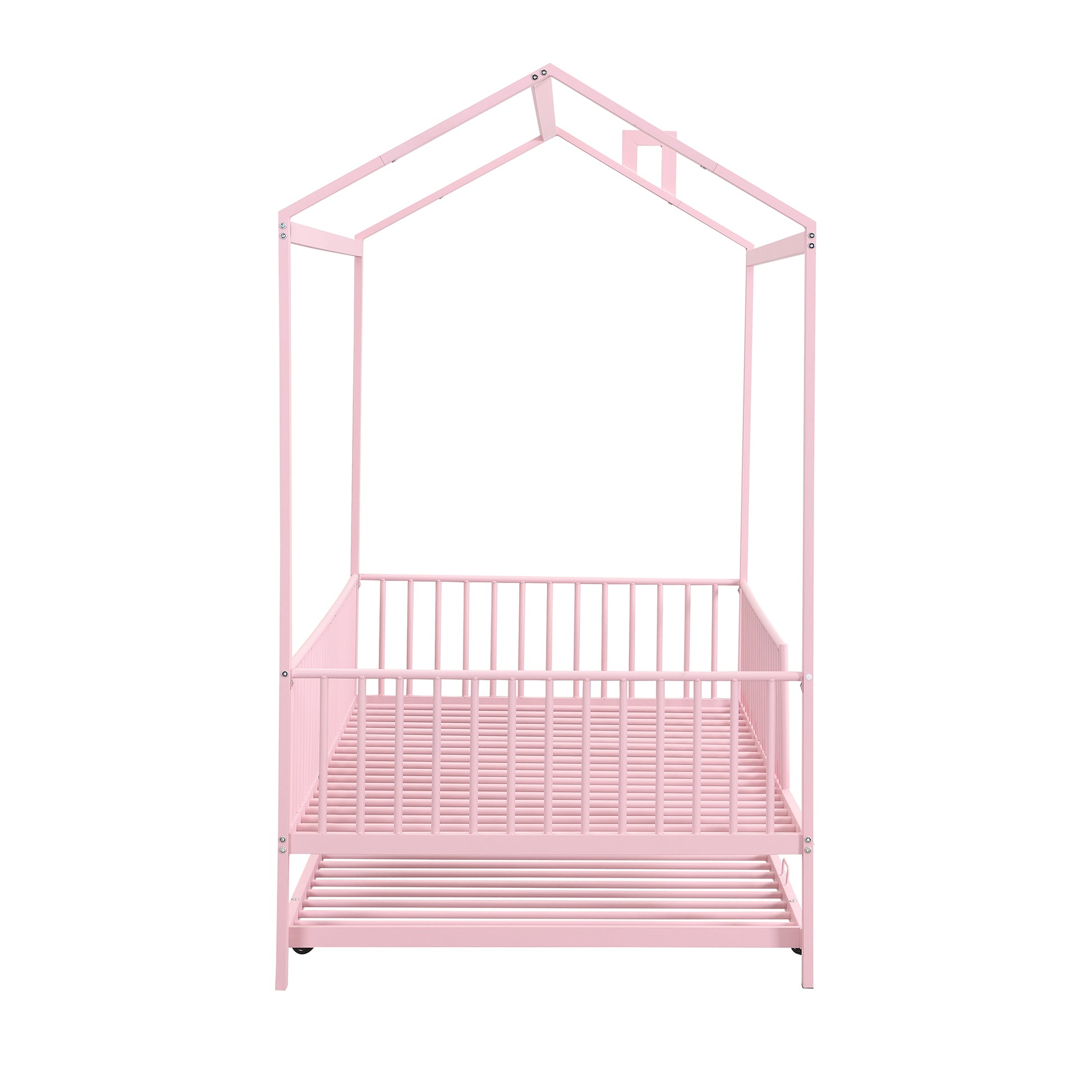 Twin Size Metal House Bed With Fence, With Trundle, Pink Expected Arrival Time: 10.18 Twin Pink Metal