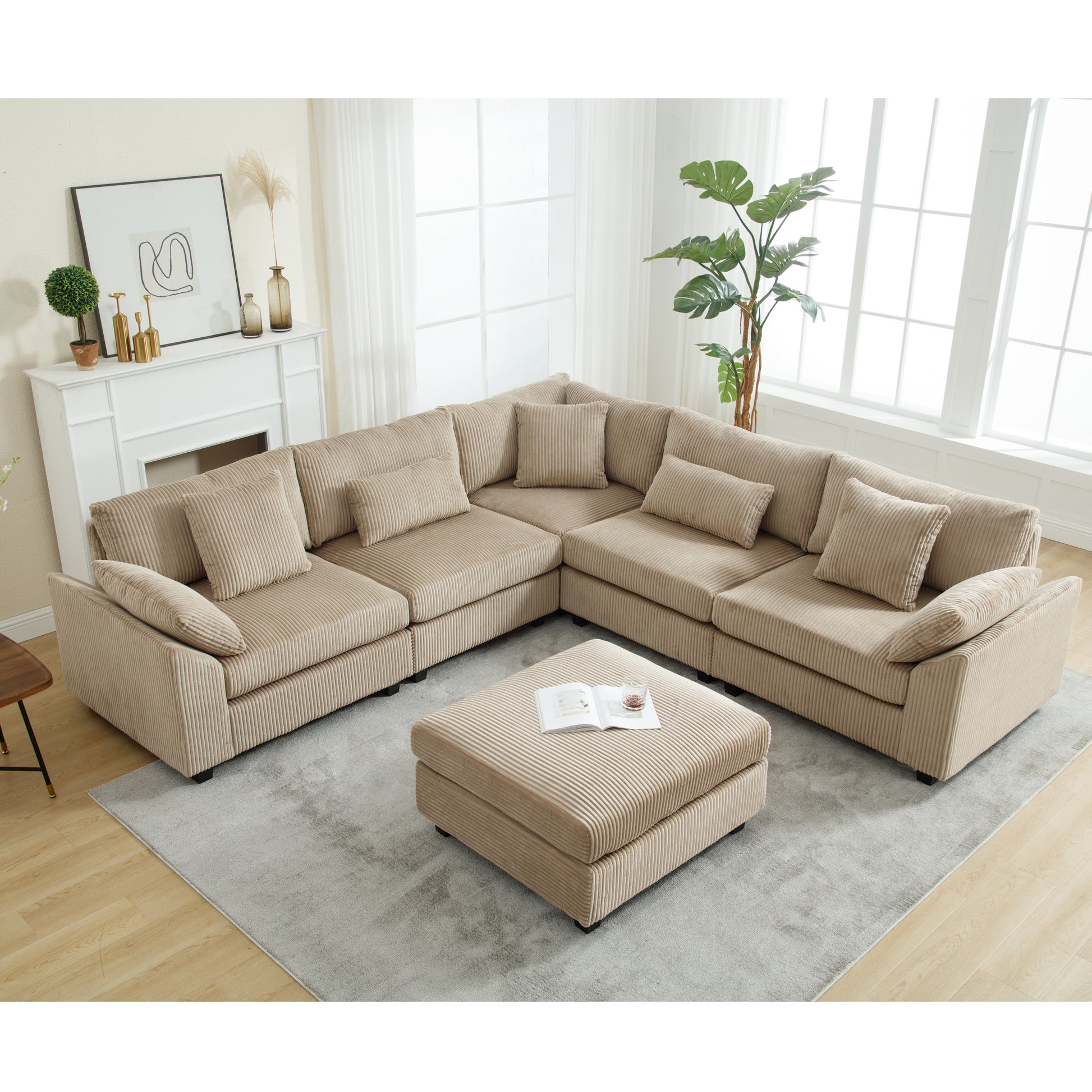 Arrival Oversized Modular Sectional Sofa Couches Set,Corduroy Upholstered Deep Seat Comfy Sofa For Living Room ,6 Seat ,Brown Brown Fabric 6 Seat