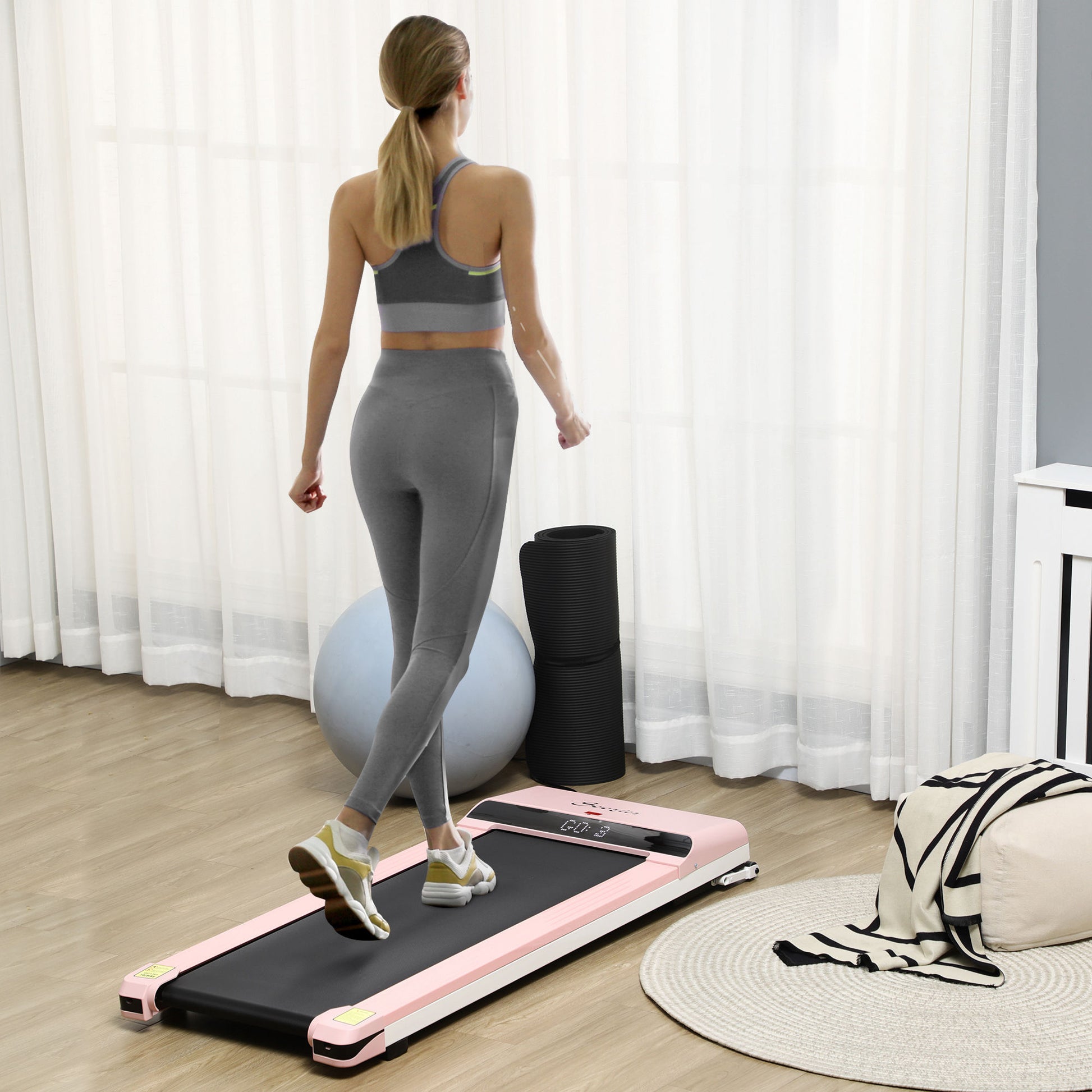 Soozier Under Desk Treadmill, Portable Walking Pad With Foldable Wheels, Remote Control, Led Display, 264 Lbs Weight Capacity, Pink Pink Steel