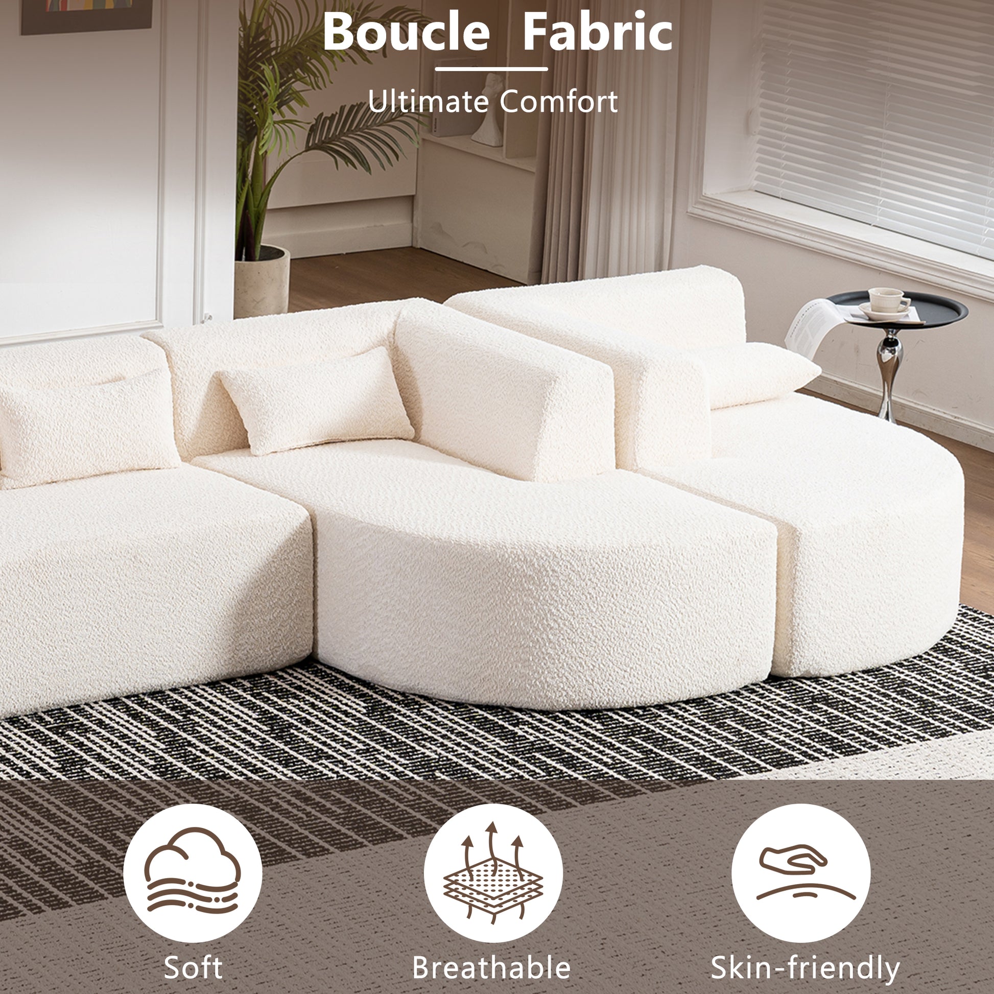 143.7" Upholstered Sofa Free Combined Sofa Couch With Two Chaise Lounge And Five Back Pillows For Living Room, Beige Beige Foam Polyester 5 Seat