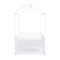 Twin Size Metal House Bed With Fence, With Trundle, White Twin White Metal