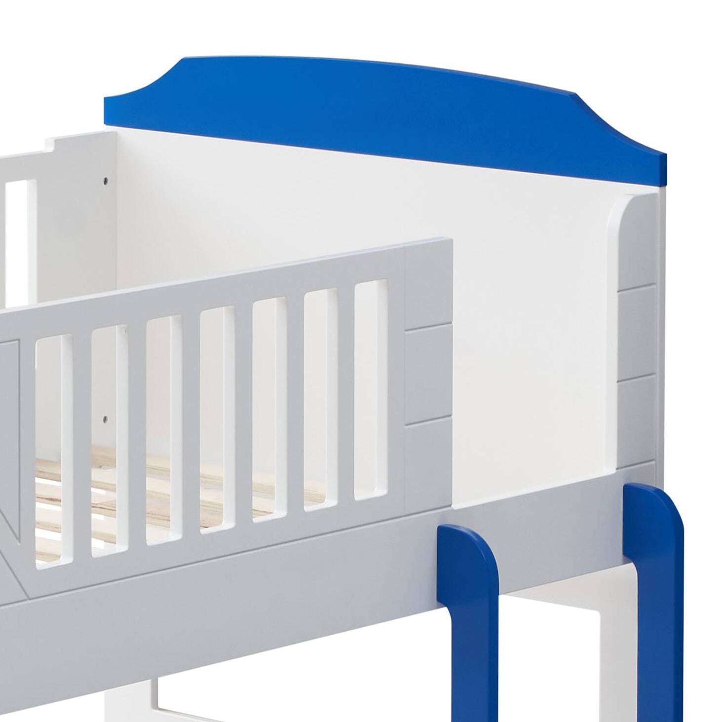 Sky Blue And White Twin Twin Boat Shaped Bunk Bed White Blue White Mdf