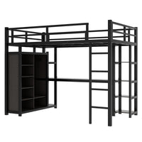 Metal Full Size Loft Bed With Desk,Shelves,Wardrobe, Black Full Black Metal