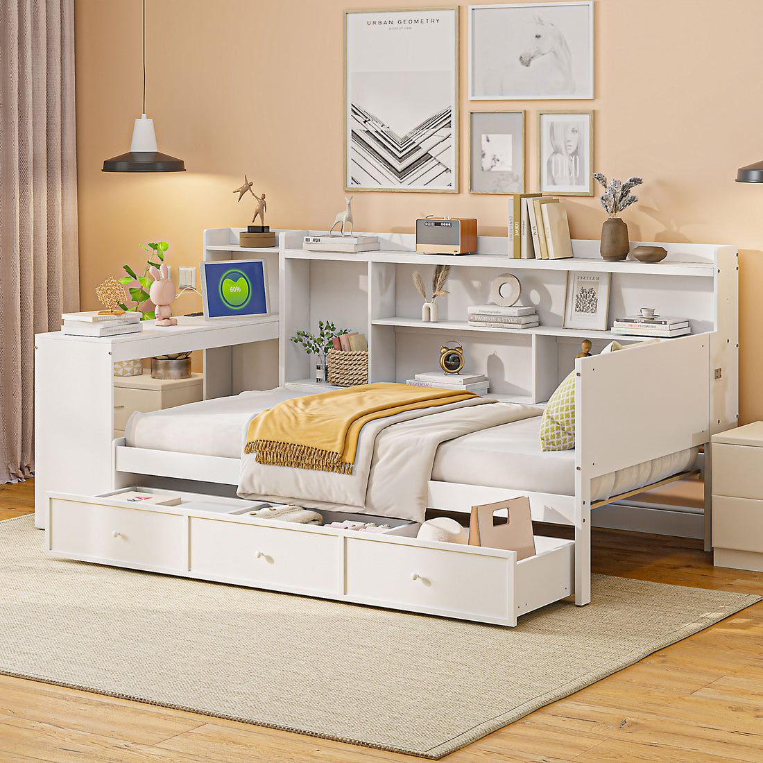 Twin Size Wooden Daybed With 3 Drawers, Usb Ports And Deskwhite Twin White Wood