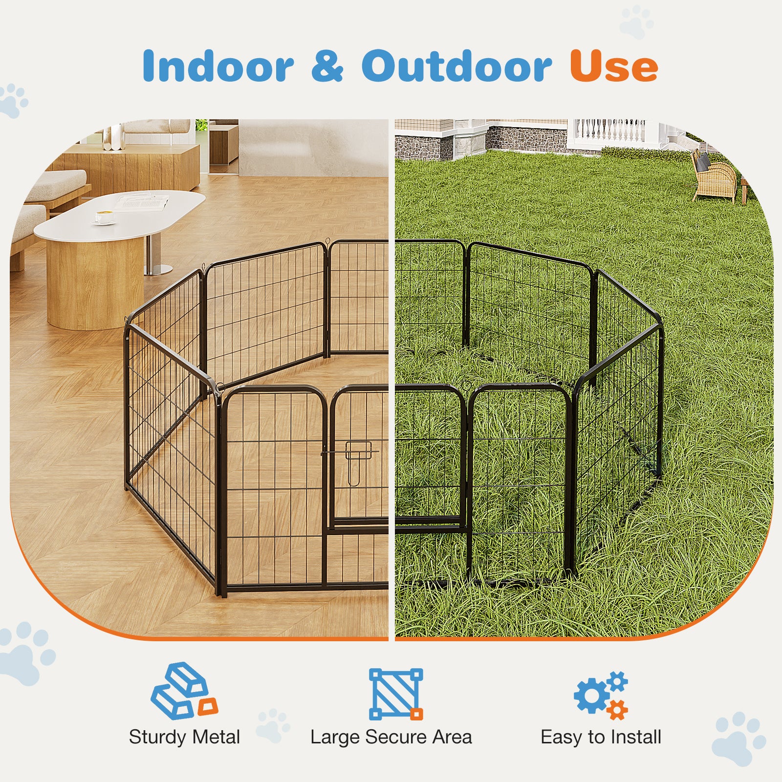 Dog Playpen Indoor With Door, Fence For Small Pet Animals, Puppy Cage With Gate For Yard Outdoor, 8 Panel 32 Inch Tall, Black Black Iron