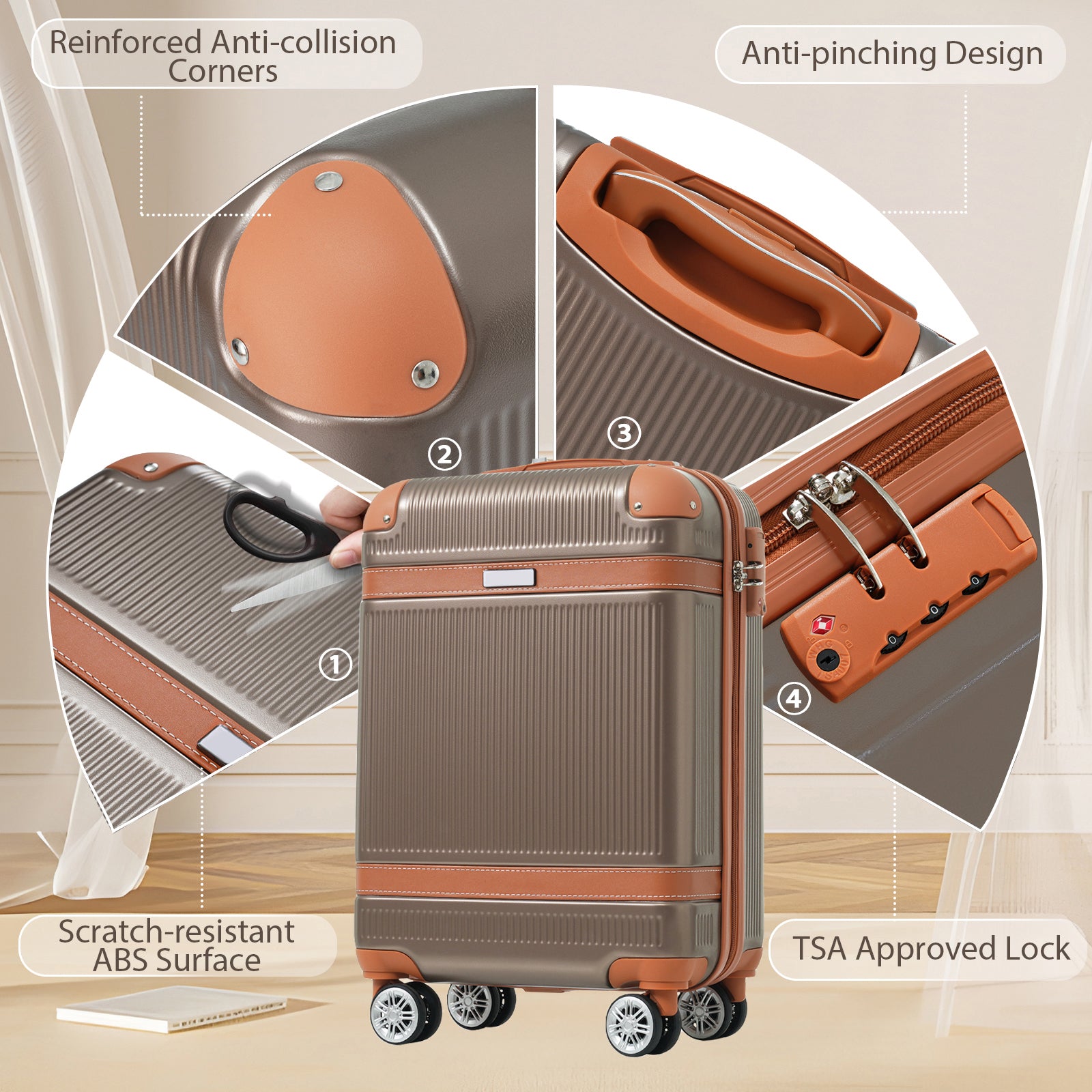 Hardshell Luggage Sets 3 Piece Carry On Suitcase Double Spinner Wheels With Tsa Lock For Men Women, Coppery 20In Coppery Abs