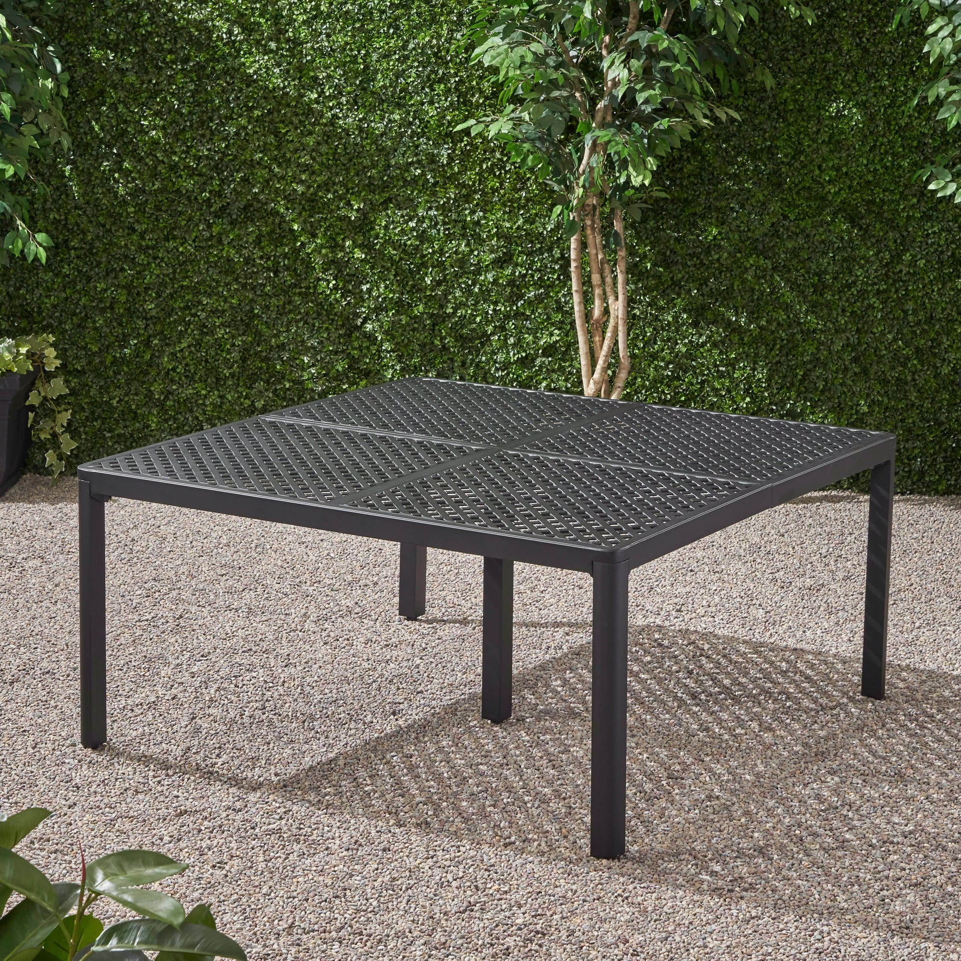 Outdoor Modern Aluminum Dining Table With Woven Accents, Antique Matte Black Black Aluminium