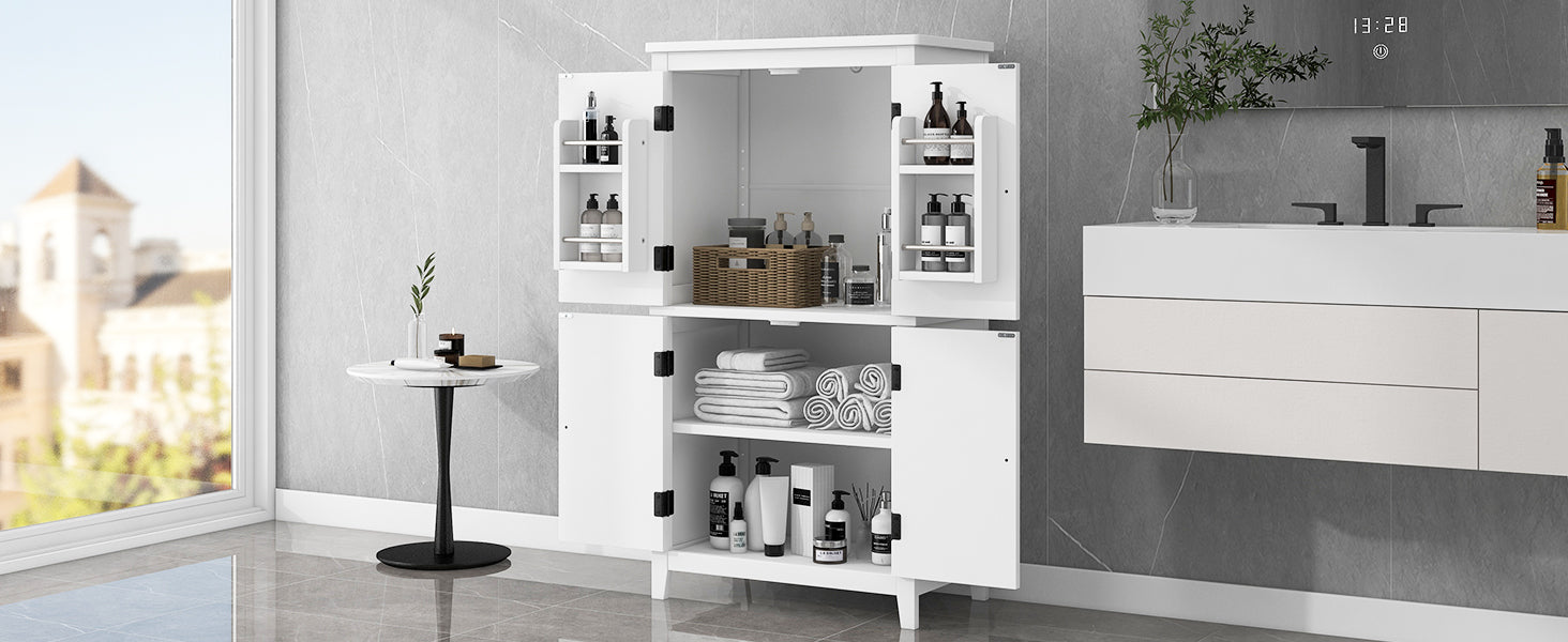 Elegant Bathroom Floor Storage Cabinet, Bathroom Storage Unit, Freestanding Cabinet With 4 Doors, Adjustable Shelves, Adaptable Shelves, White White Mdf