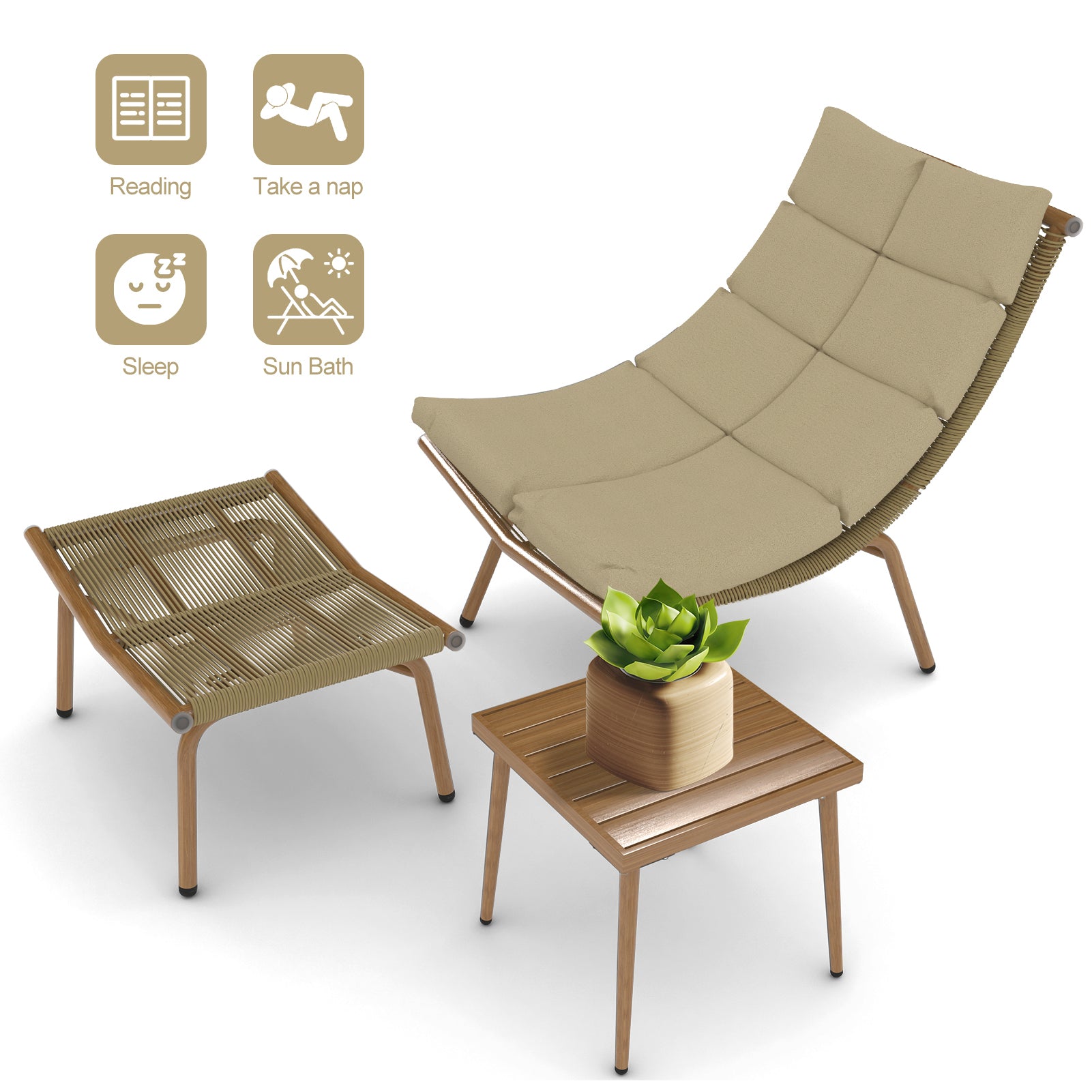 Chaise Lounge Chair With Table For Outdoor Indoor Wood Color Alloy Frame 380Lbs Capacity With Cushion Recliner For Camping Gaming Lunch Break Garden Party Sunbathing Gold Brown Rattan Metal